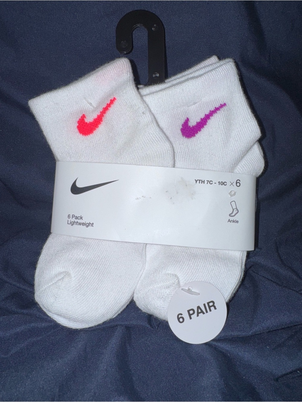 Nike White Ankle Socks with Pink,Purple,Neon Yellow, Blue and Green Swooshes-6Pk